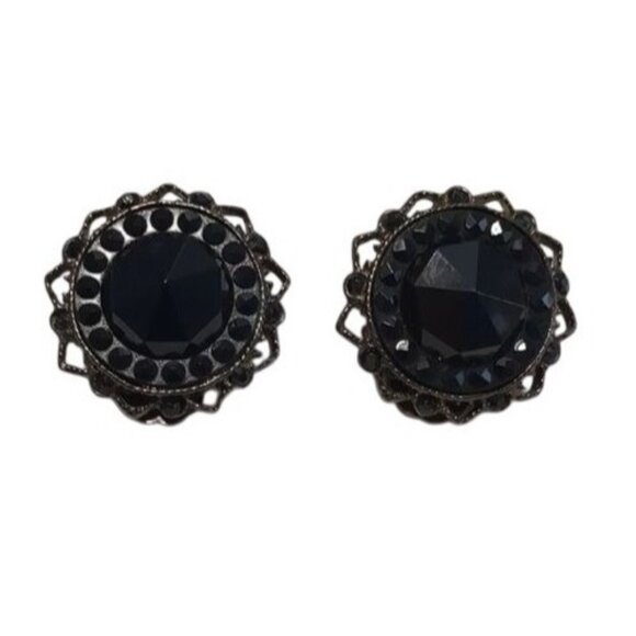 Robert Rose Vintage Black Crystal Clip-On Earrings Ornate Design - Picture 1 of 6
